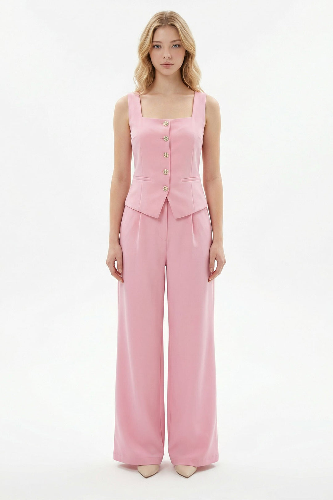 Pembe Brit Detaylı Kare Yaka Crep Bluz Ve Pantolon Alt Üst Takım BCHN-2626844 - Almere