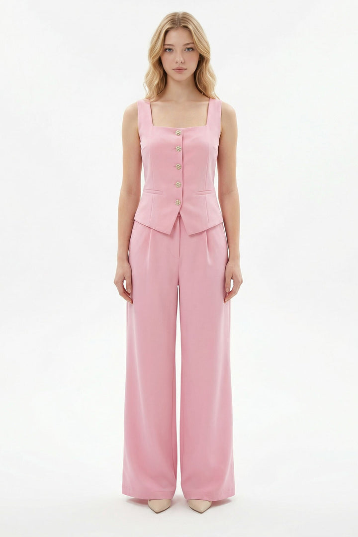 Pembe Brit Detaylı Kare Yaka Crep Bluz Ve Pantolon Alt Üst Takım BCHN-2626844 - Almere