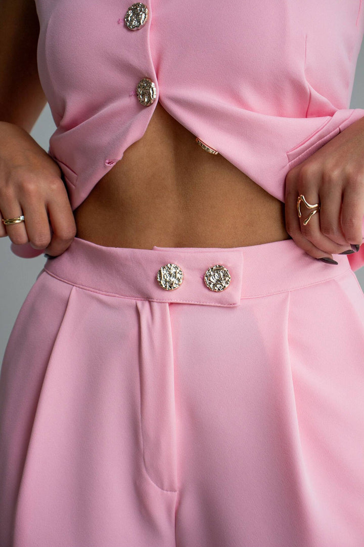 Pembe Brit Detaylı Kare Yaka Crep Bluz Ve Pantolon Alt Üst Takım BCHN-2626844 - Almere