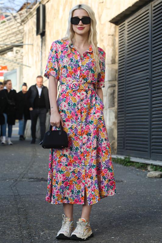 MDX Pink Flower Patterned Shirt Collar Midi Dress MG1821 - Kolomyia