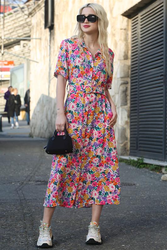 MDX Pink Flower Patterned Shirt Collar Midi Dress MG1821 - Kolomyia