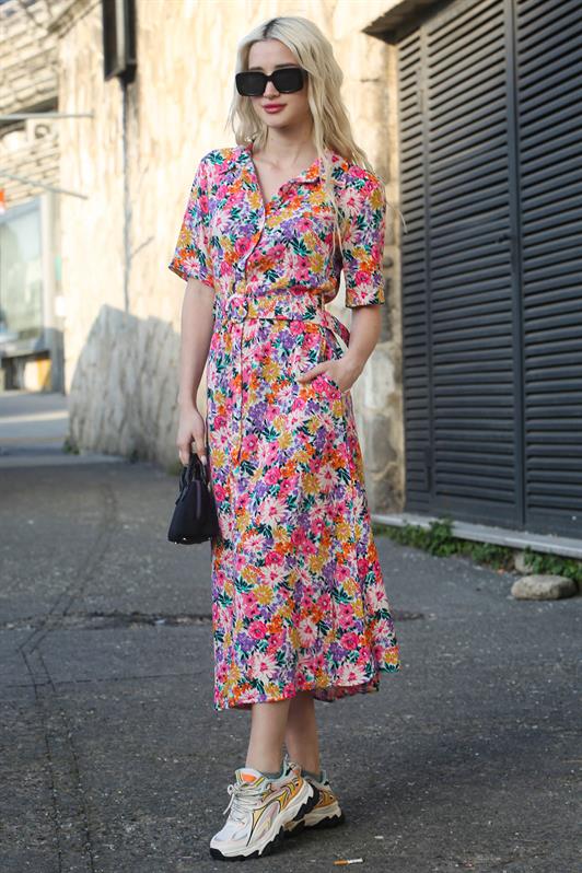 MDX Pink Flower Patterned Shirt Collar Midi Dress MG1821 - Kolomyia