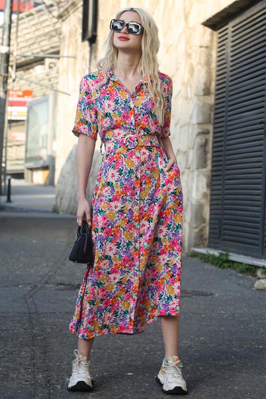 MDX Pink Flower Patterned Shirt Collar Midi Dress MG1821 - Kolomyia