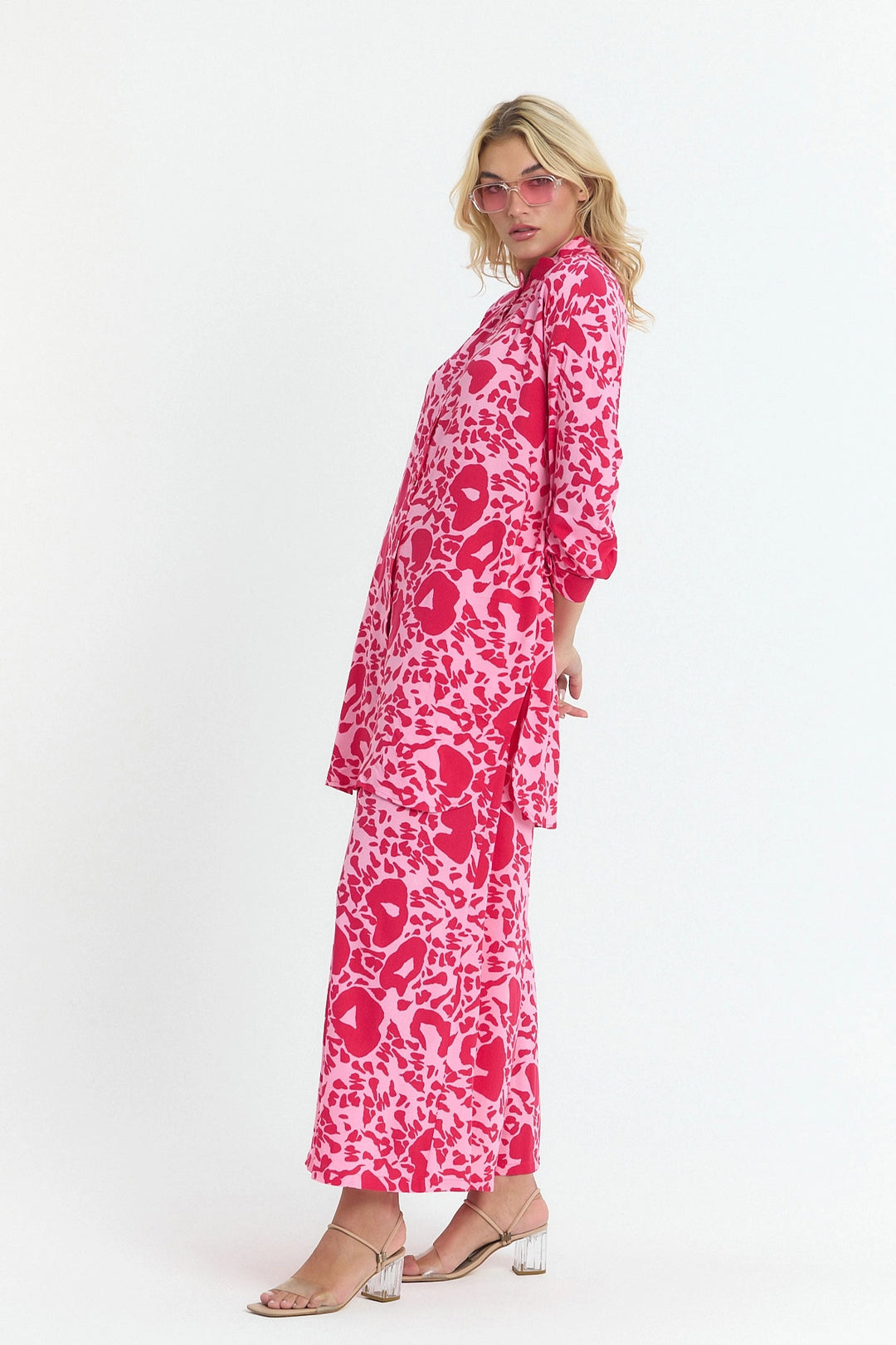 Pink Flower Patterned Long Tunic and Pants Woven Viscon Top Set BCVL-25V053-2 - Wollongong