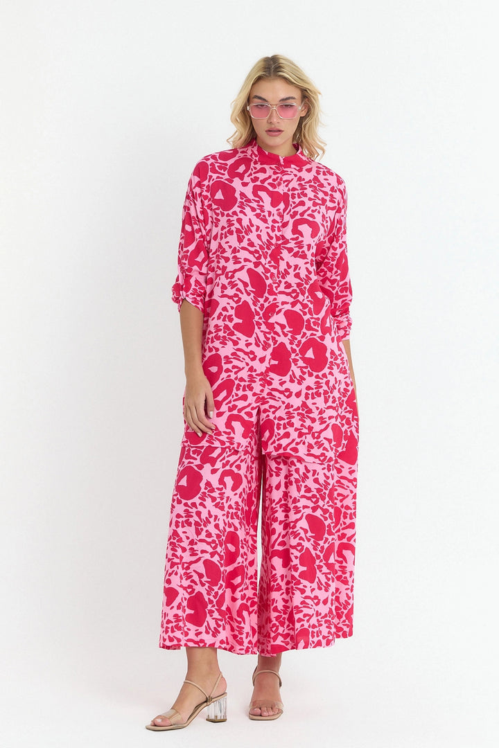 Pink Flower Patterned Long Tunic and Pants Woven Viscon Top Set BCVL-25V053-2 - Wollongong
