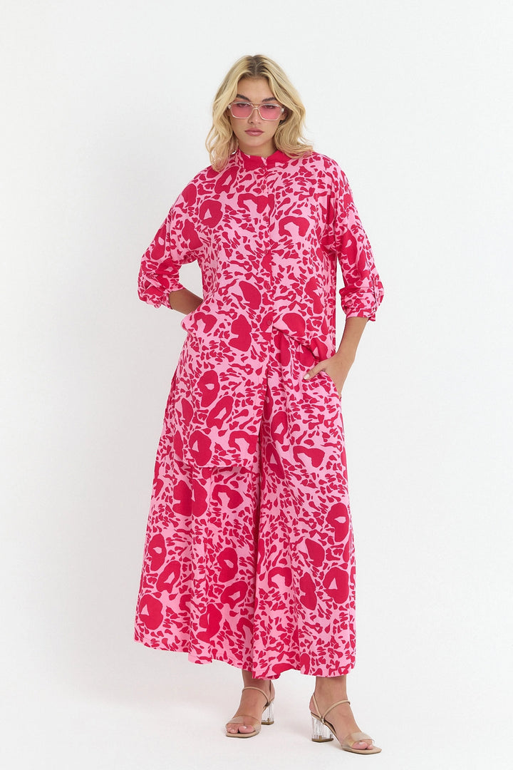 Pink Flower Patterned Long Tunic and Pants Woven Viscon Top Set BCVL-25V053-2 - Wollongong