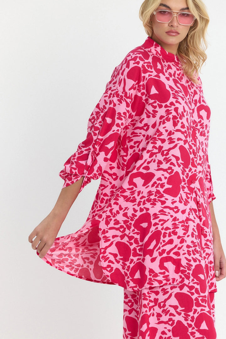 Pink Flower Patterned Long Tunic and Pants Woven Viscon Top Set BCVL-25V053-2 - Wollongong
