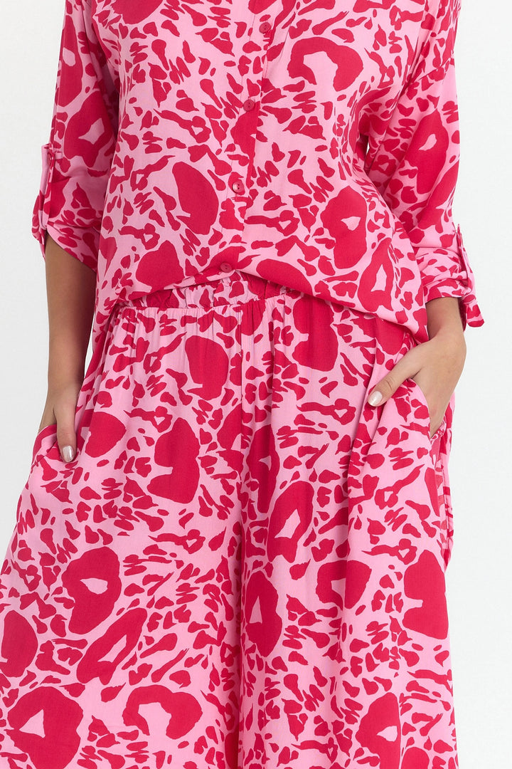 Pink Flower Patterned Long Tunic and Pants Woven Viscon Top Set BCVL-25V053-2 - Wollongong