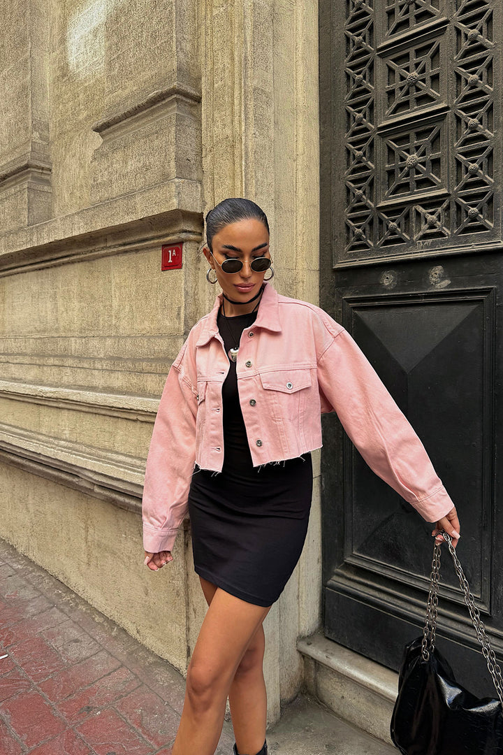 Pink Double Pocket Laser Cut Washed Crop Denim Jacket BCDF-235408 - Pombal