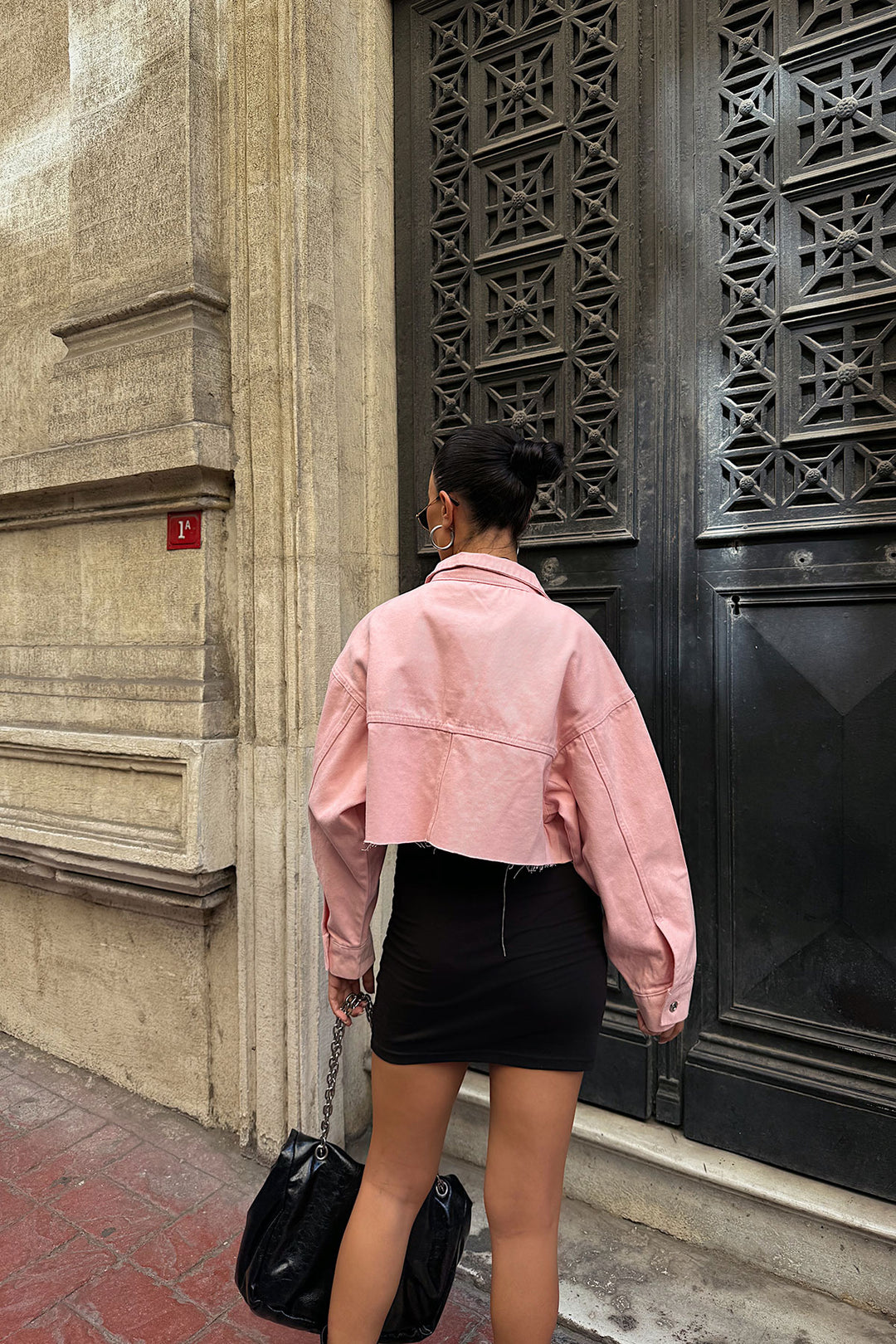 Pink Double Pocket Laser Cut Washed Crop Denim Jacket BCDF-235408 - Pombal