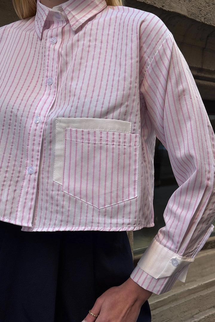 Pink Striped Cuffed and Pocketed Striped Oversized Crop Woven Shirt BC231036 - Lauderhill