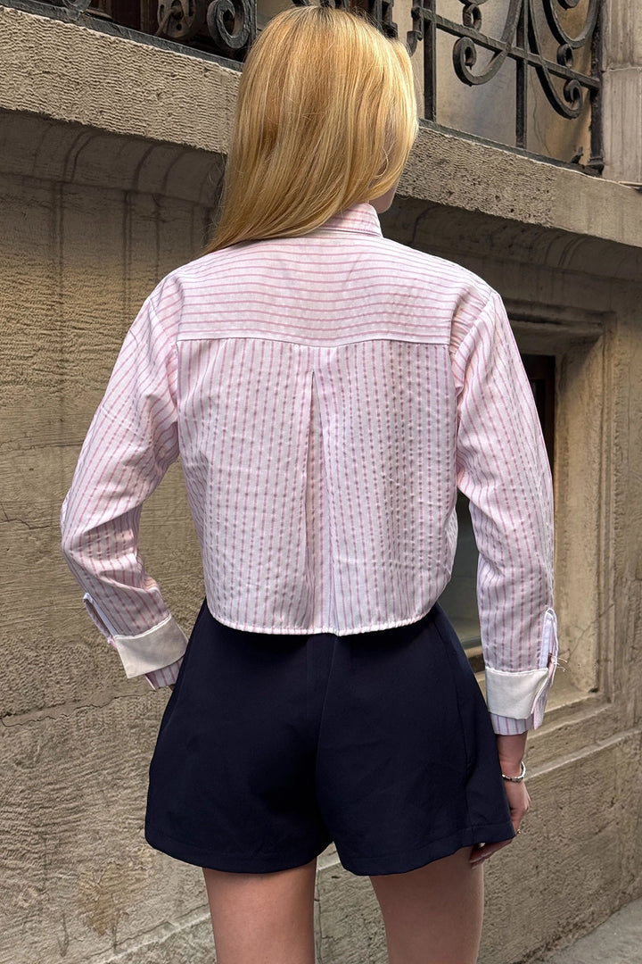 Pink Striped Cuffed and Pocketed Striped Oversized Crop Woven Shirt BC231036 - Lauderhill