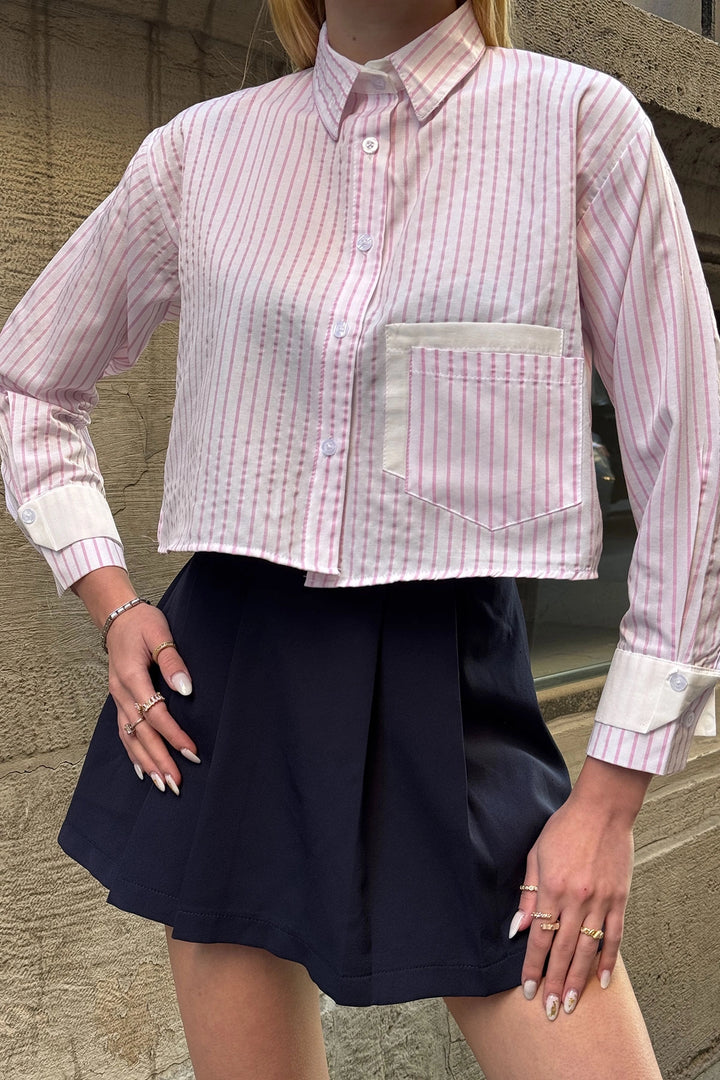 Pink Striped Cuffed and Pocketed Striped Oversized Crop Woven Shirt BC231036 - Lauderhill