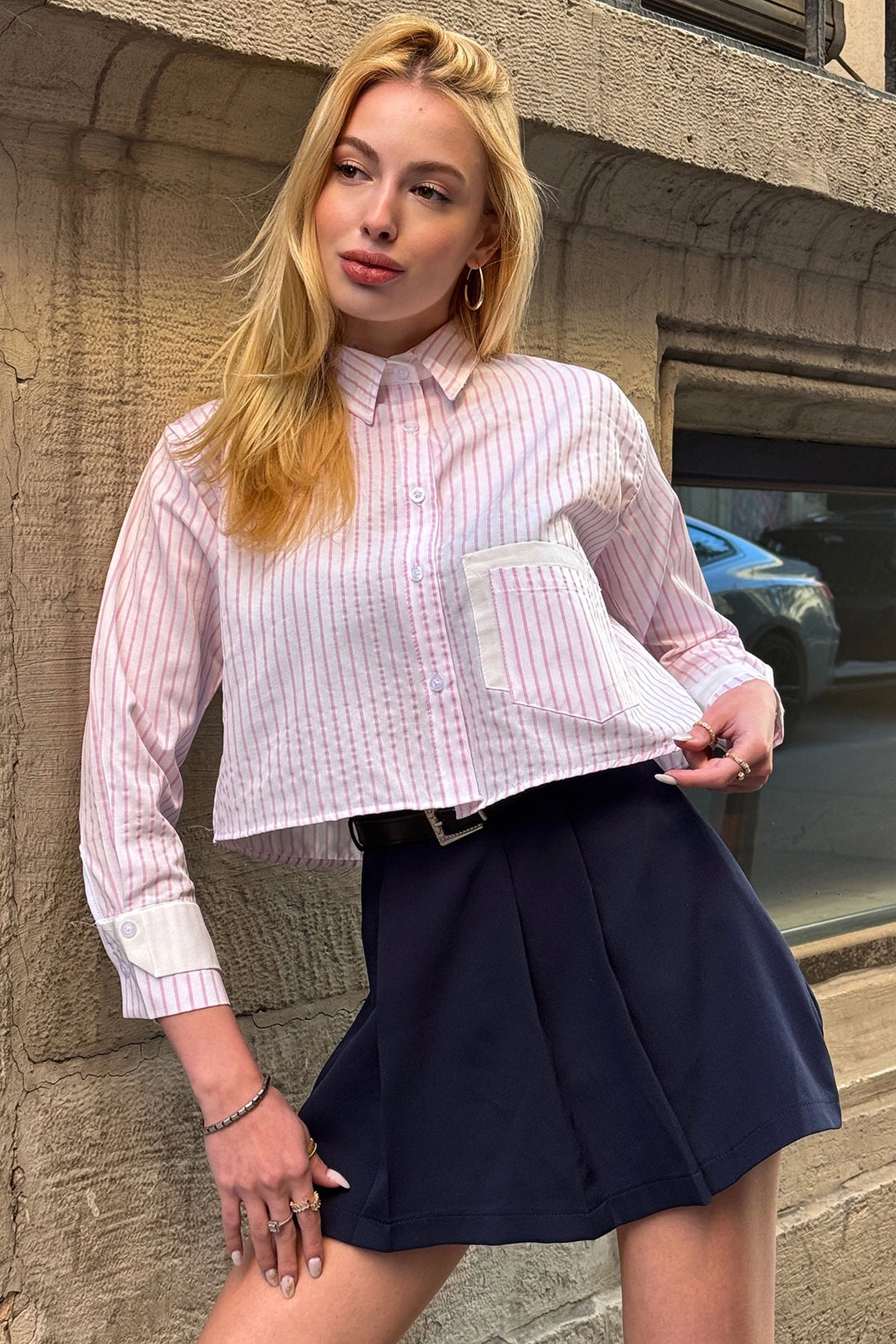 Pink Striped Cuffed and Pocketed Striped Oversized Crop Woven Shirt BC231036 - Lauderhill