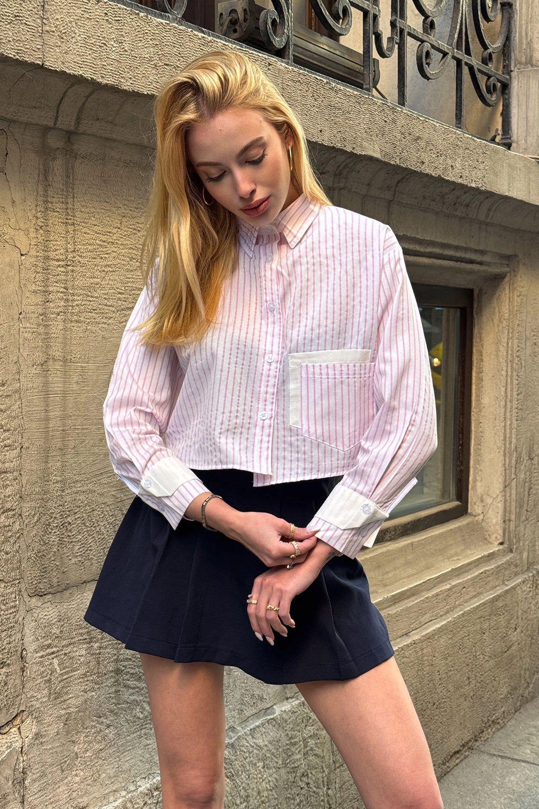 Pink Striped Cuffed and Pocketed Striped Oversized Crop Woven Shirt BC231036 - Lauderhill