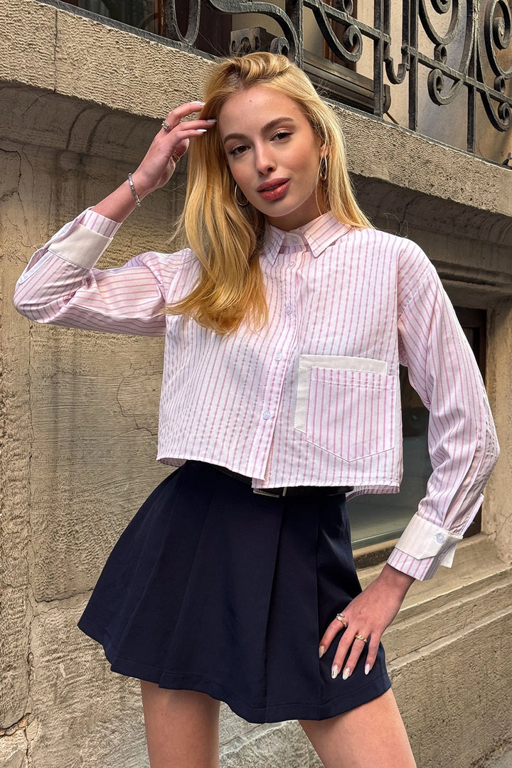 Pink Striped Cuffed and Pocketed Striped Oversized Crop Woven Shirt BC231036 - Lauderhill