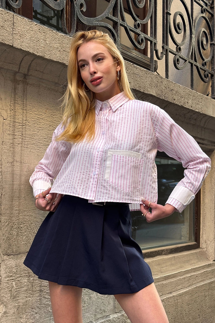 Pink Striped Cuffed and Pocketed Striped Oversized Crop Woven Shirt BC231036 - Lauderhill