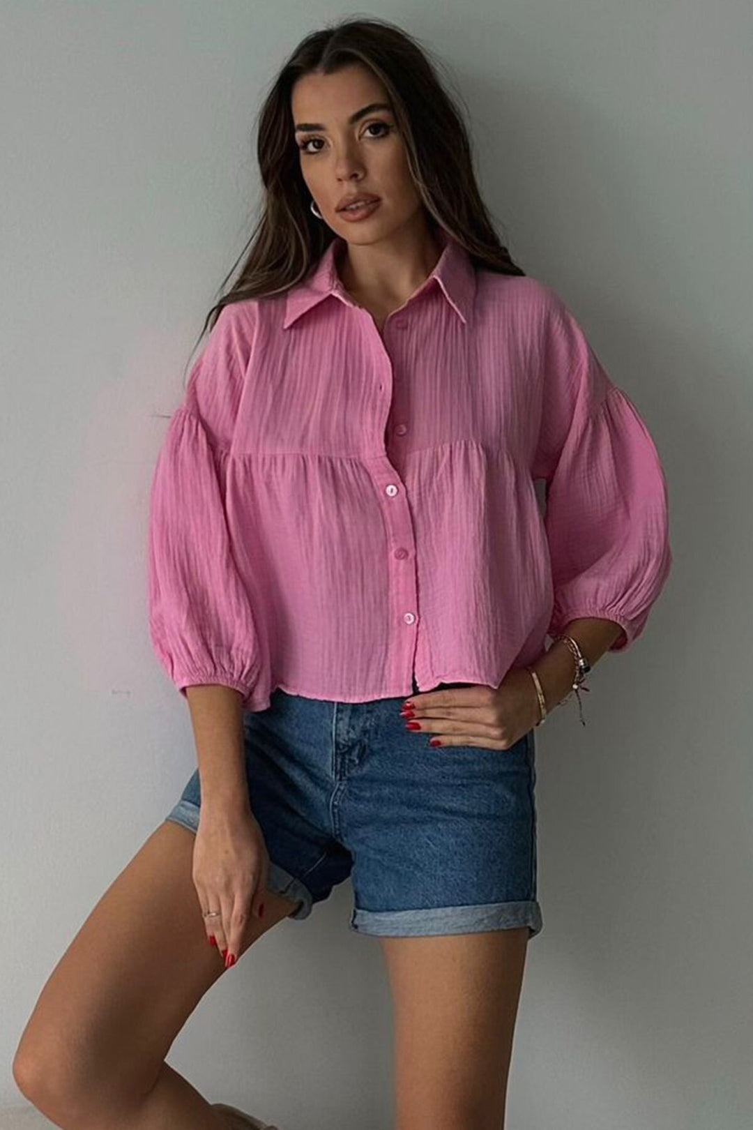 Pembe Kısa Kol Müslin Kumaş Premium Gömlek - Pearl City