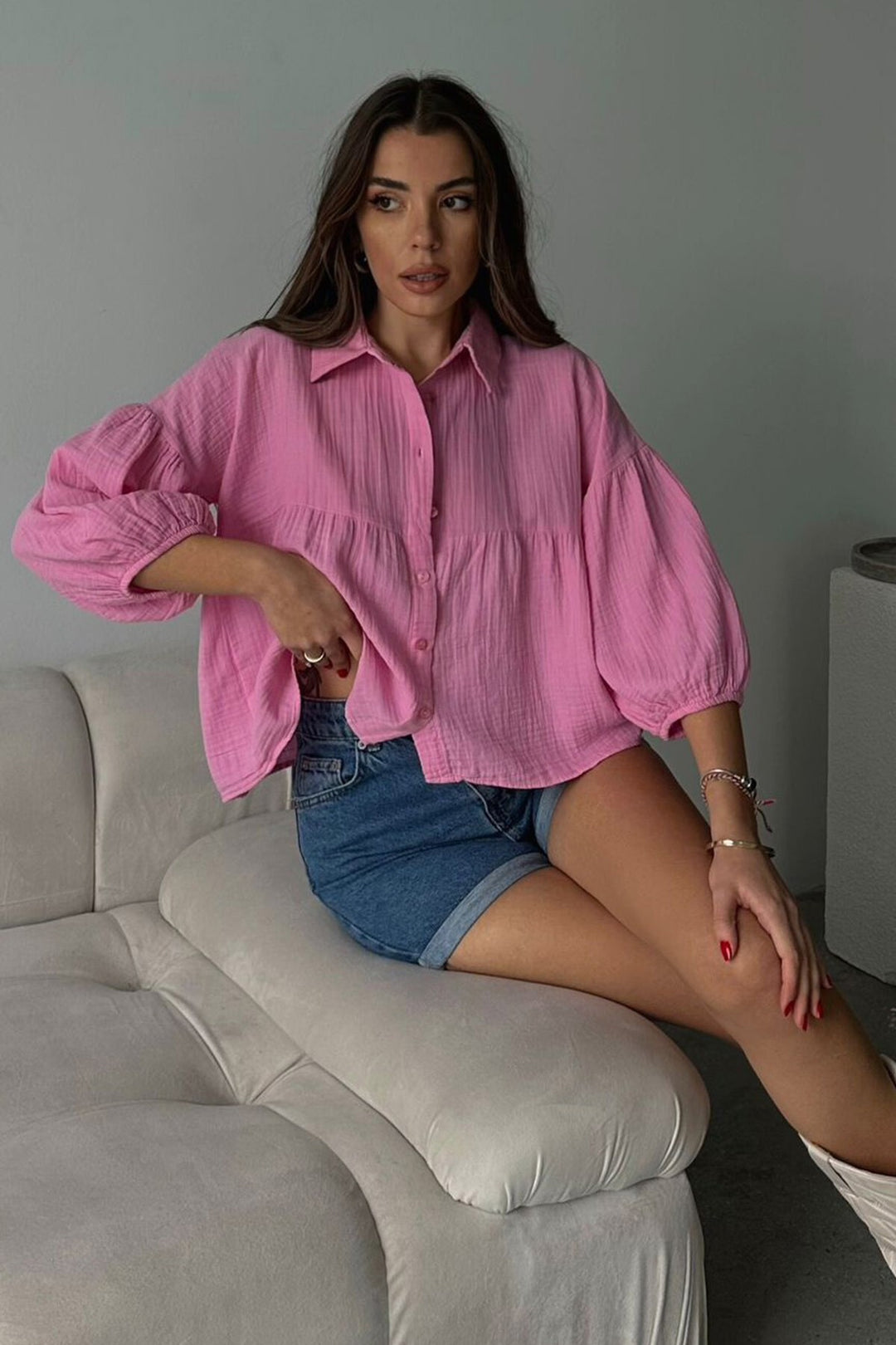 Pembe Kısa Kol Müslin Kumaş Premium Gömlek - Pearl City