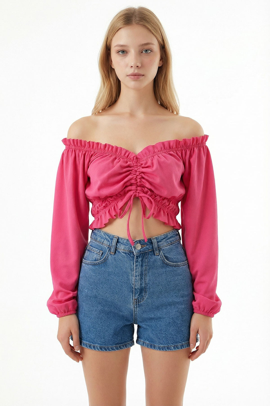 Pembe Madonna Yaka Omuz Dekolteli Önü Büzgülü Crop Bluz - Passau