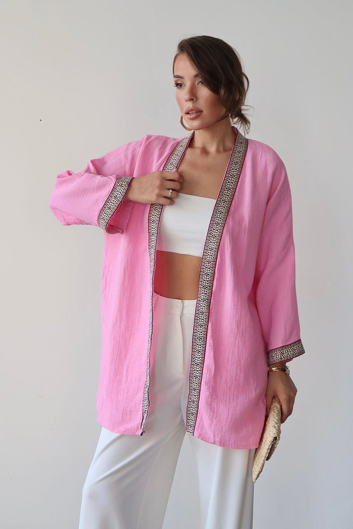 Pembe Nakış Detaylı Keten Kimono - Newark
