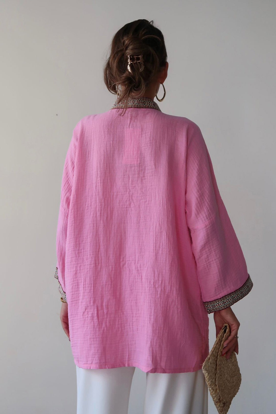 Pembe Nakış Detaylı Keten Kimono - Newark