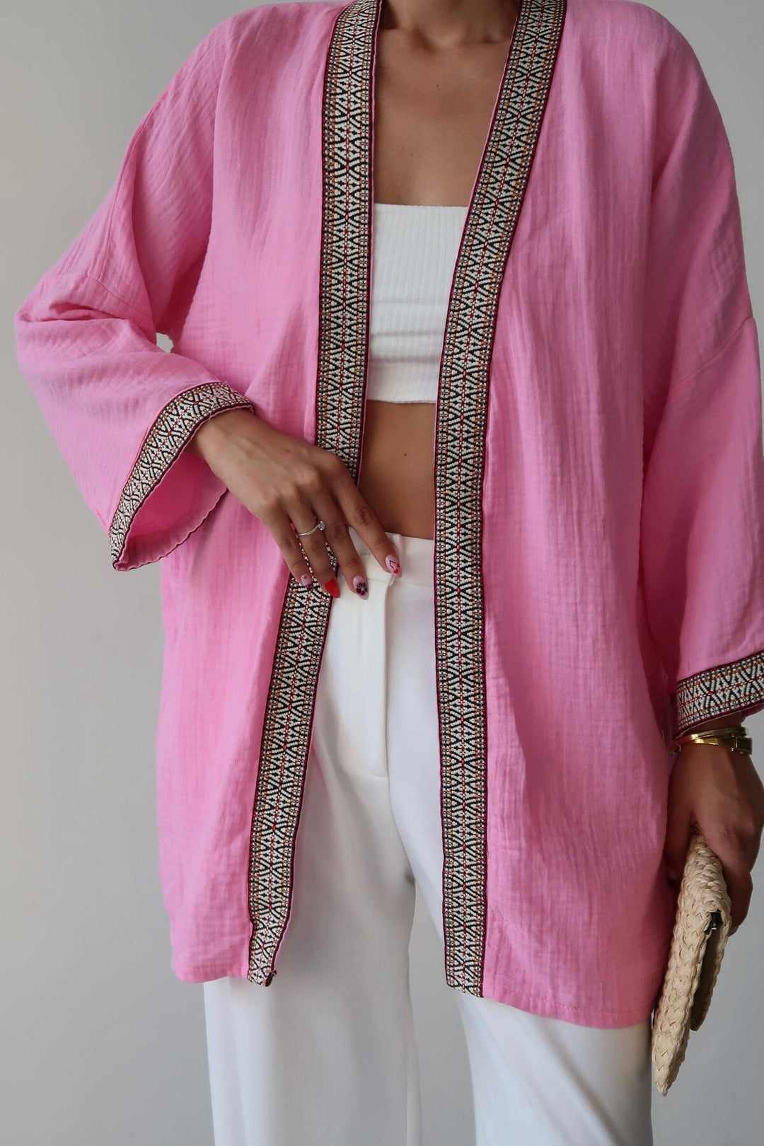Pembe Nakış Detaylı Keten Kimono - Newark