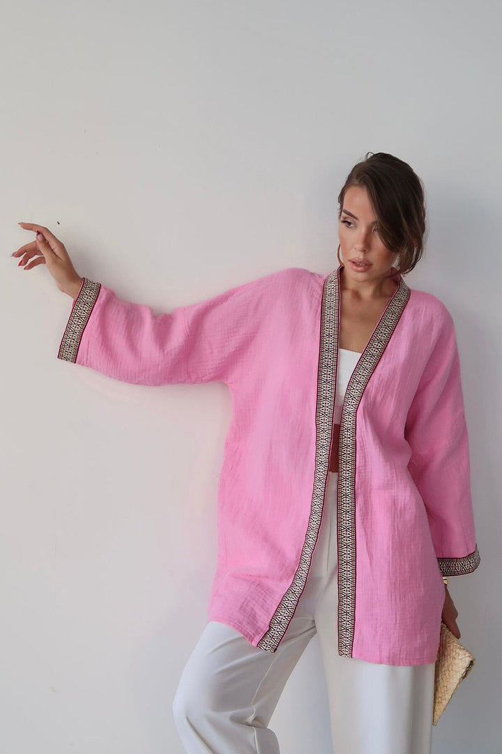 Pembe Nakış Detaylı Keten Kimono - Newark