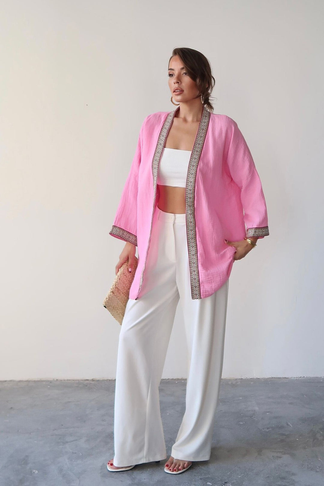 Pembe Nakış Detaylı Keten Kimono - Newark