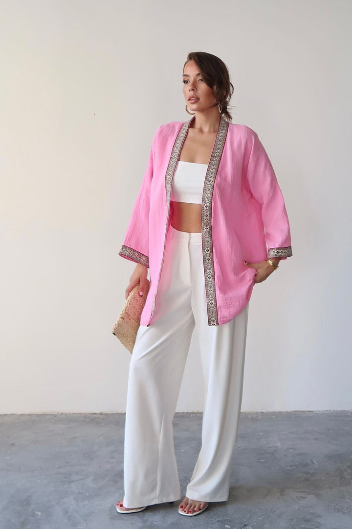 Pembe Nakış Detaylı Keten Kimono - Newark