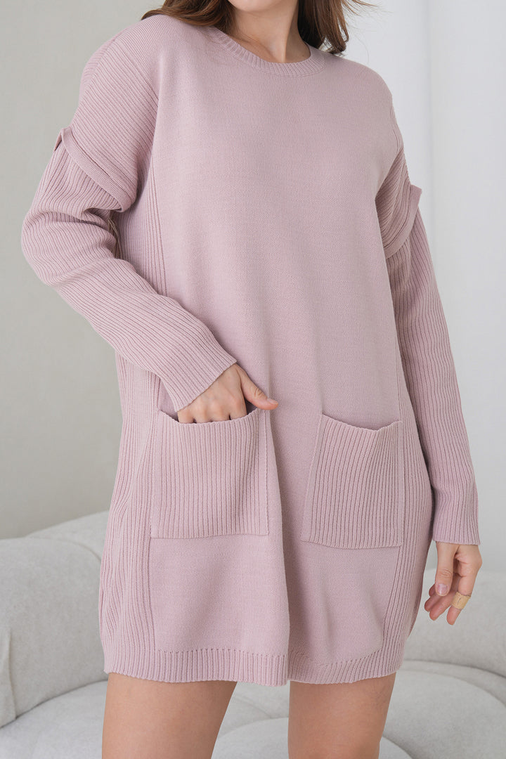 Pembe Ribanalı Bisiklet Yaka Mini Triko Elbise BCHPK-251239 - Cuetzalan