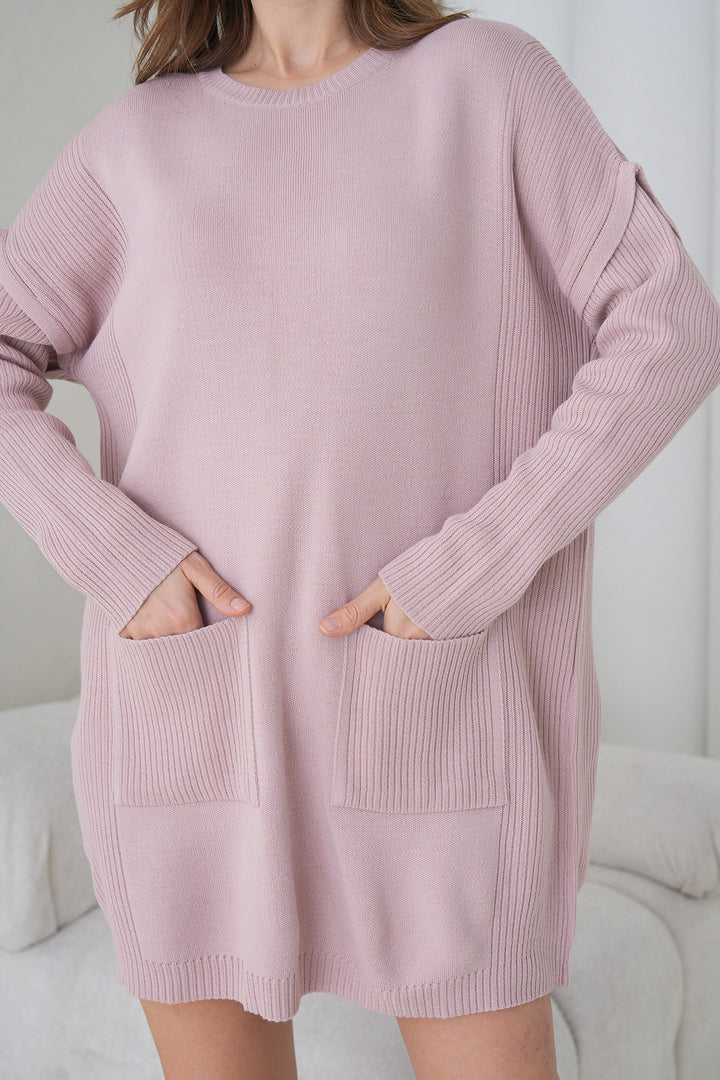 Pembe Ribanalı Bisiklet Yaka Mini Triko Elbise BCHPK-251239 - Cuetzalan