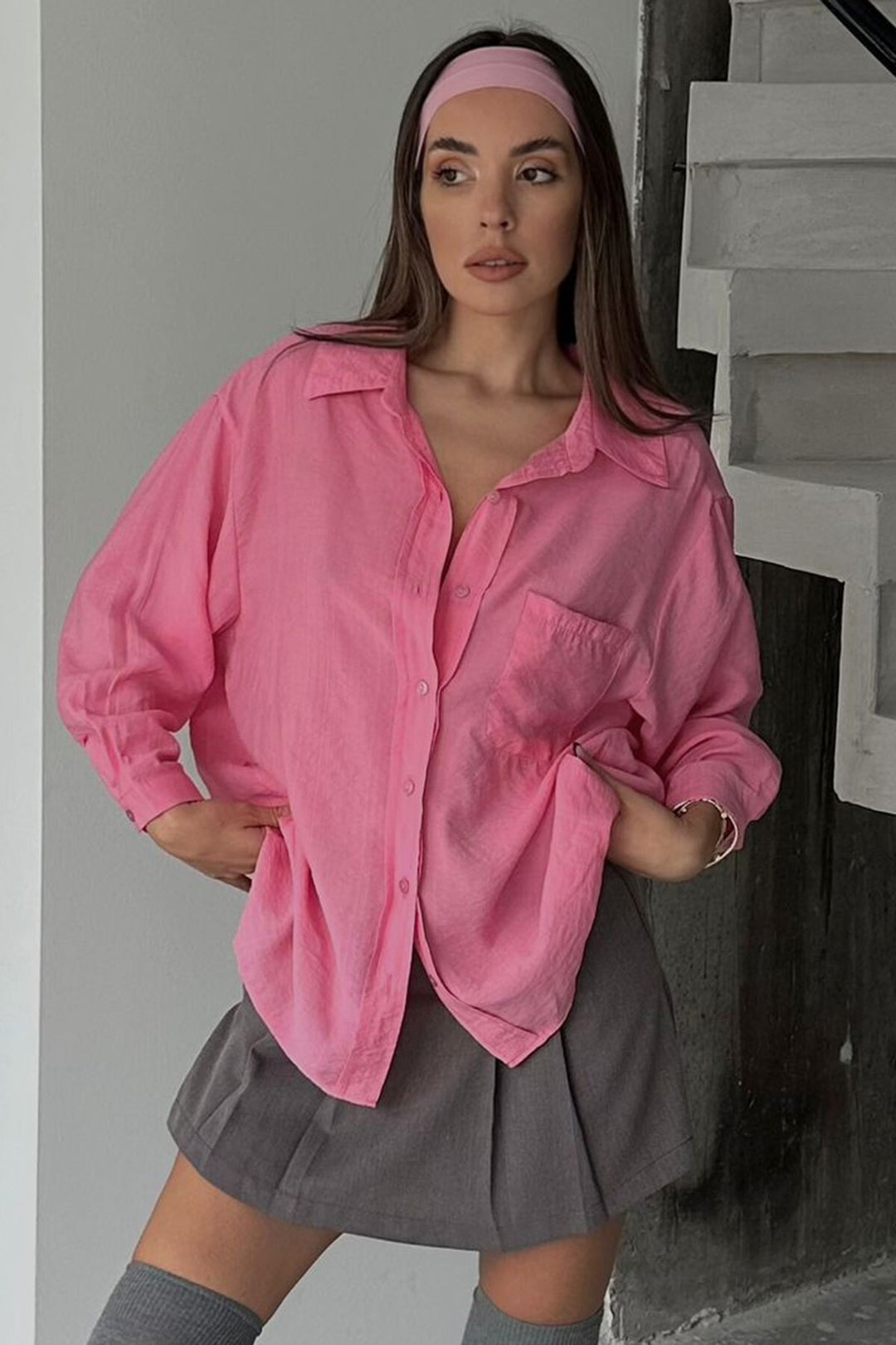 Pembe Tek Cepli Uzun Kol Oversize Gömlek - Welwyn Garden City