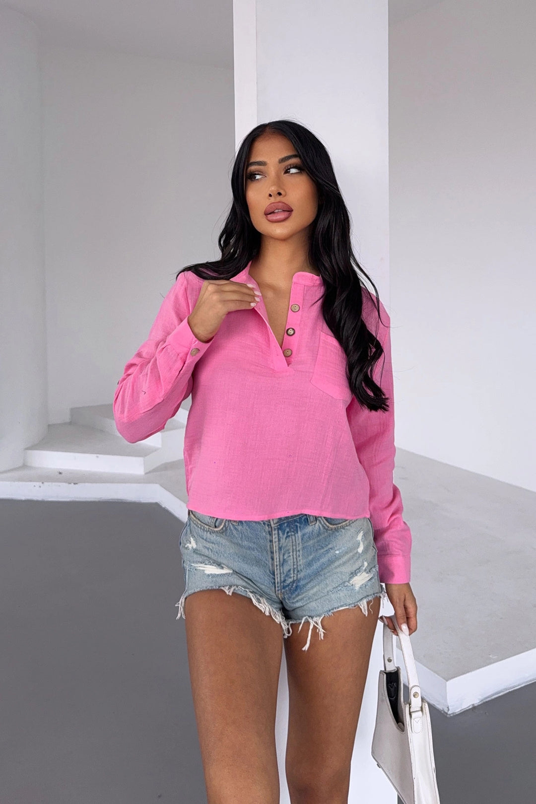 Pink Single Pocket Half Buttoned Muslin Linen Woven Blouse BCBT-251004 - South San Francisco