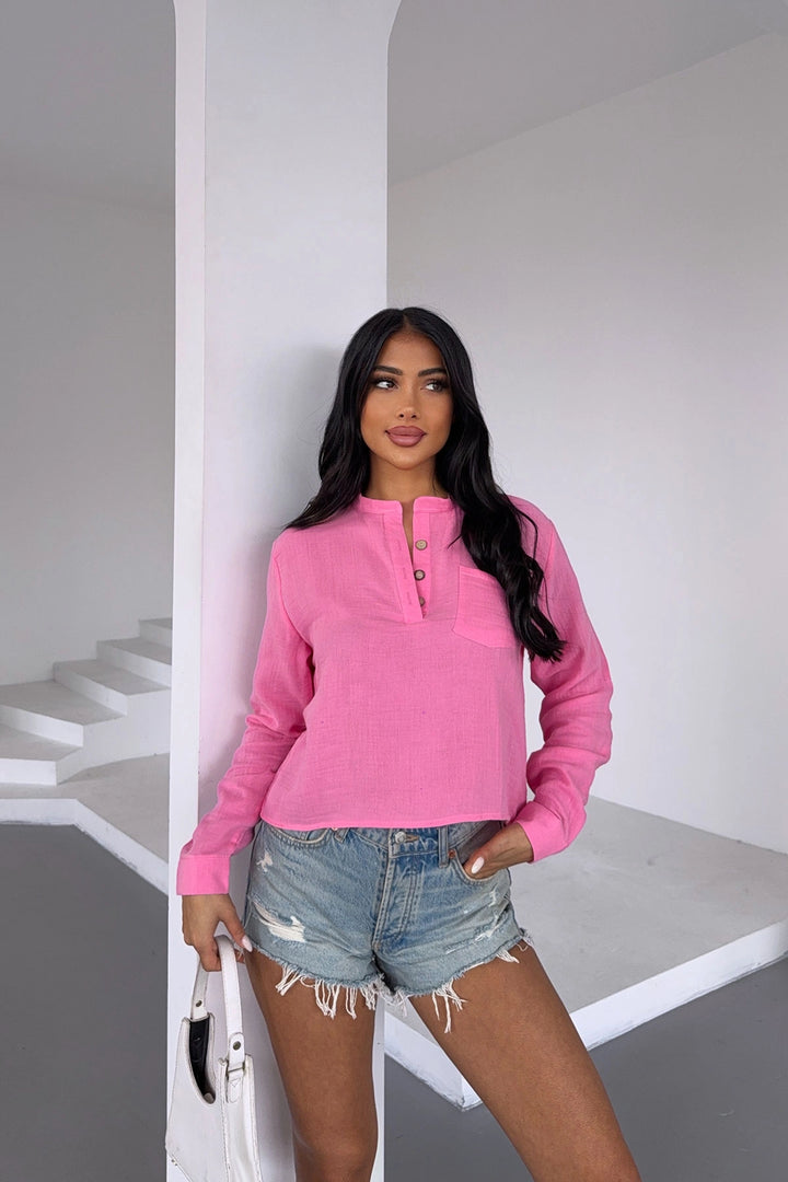 Pink Single Pocket Half Buttoned Muslin Linen Woven Blouse BCBT-251004 - South San Francisco
