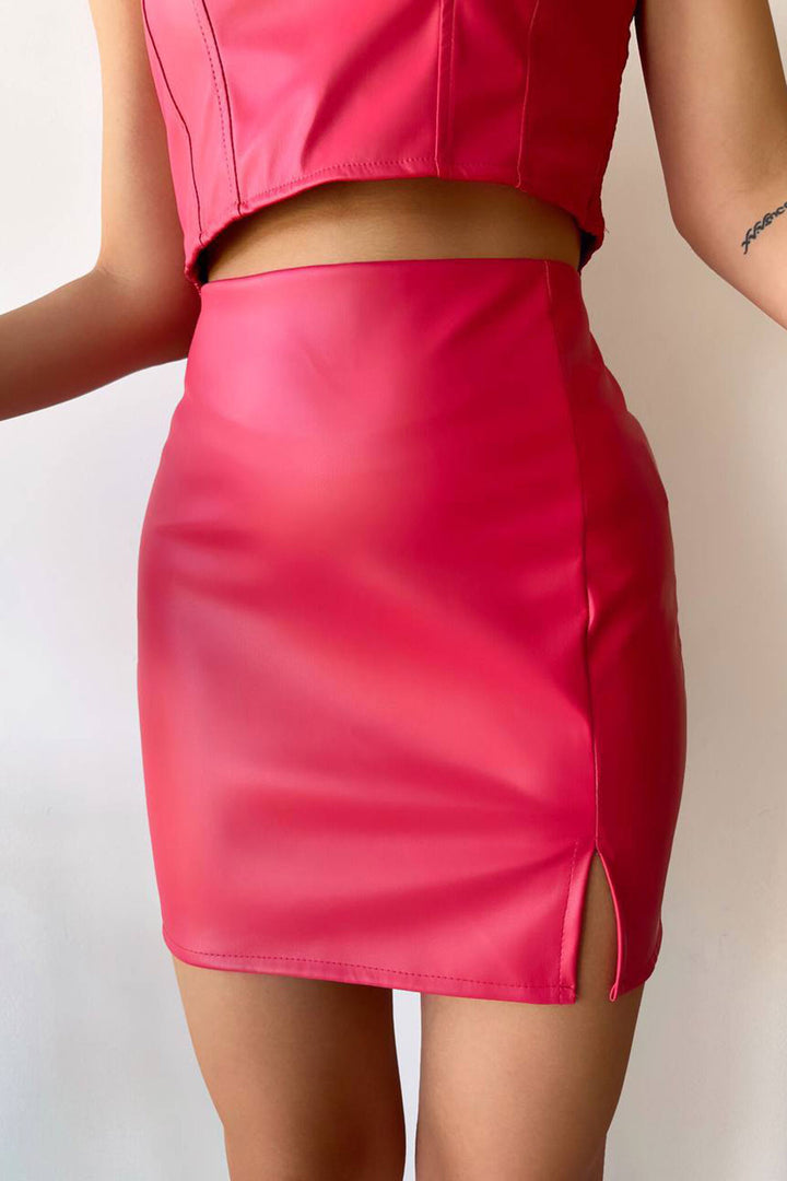 Pink Faux Leather Skirt with a Single Slit BCHN-2526475 - Bridgewater