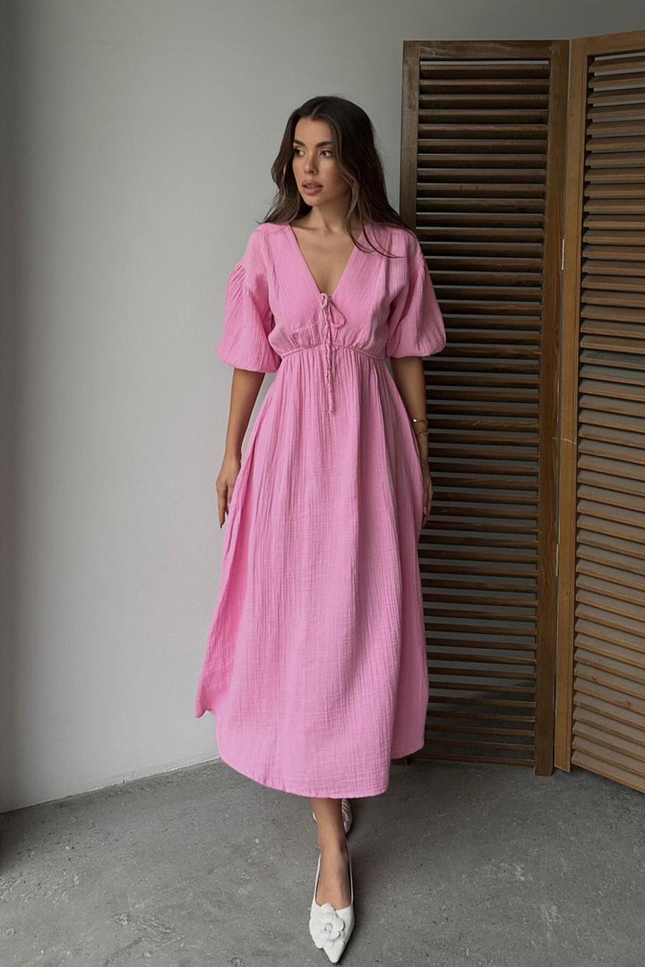 Pembe V Yaka Beli Lastikli Kısa Kol Müslin Kumaş Elbise - Oak Creek