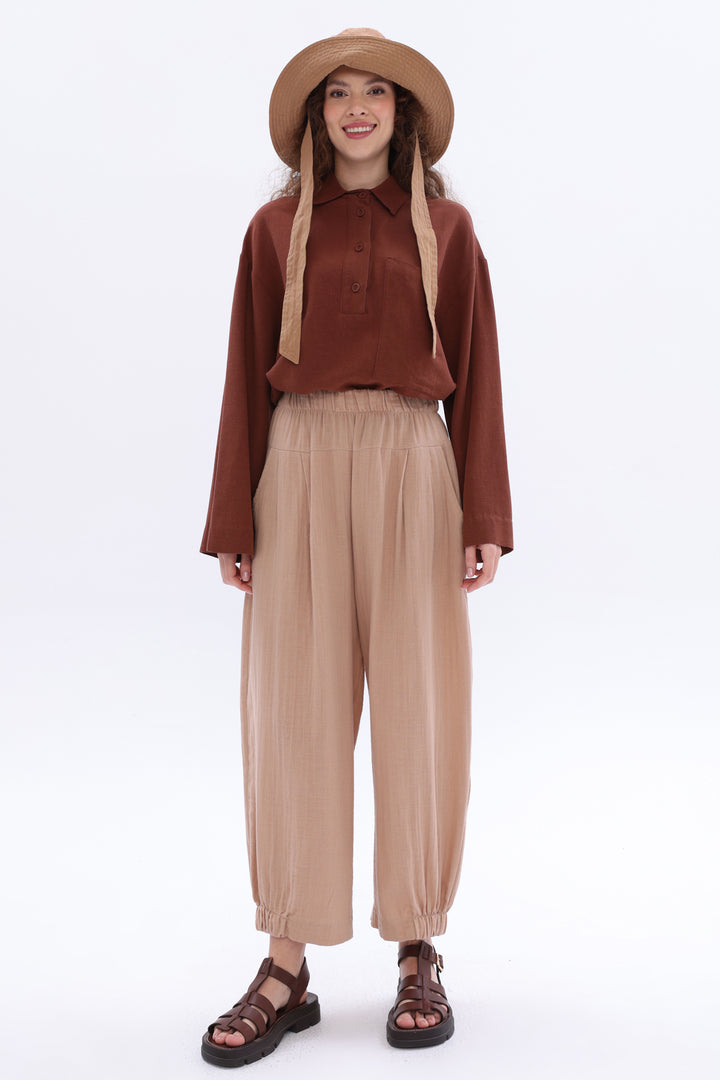 TLD Women Allday Beige Wide-Leg Elasticated Trousers - Diamond Bar
