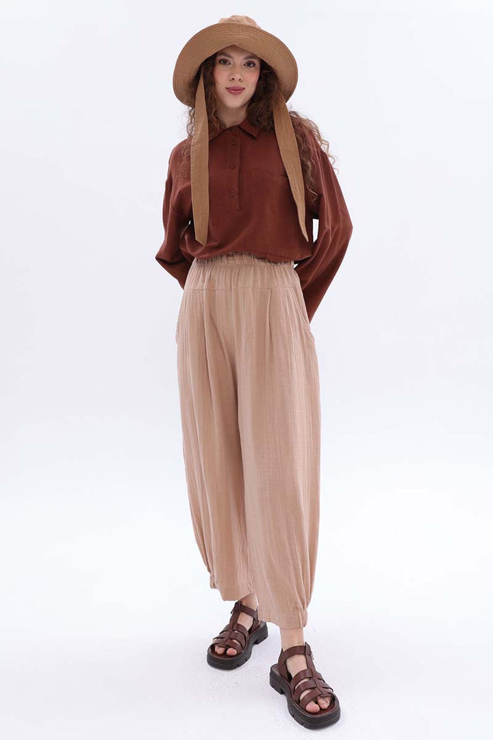 TLD Women Allday Beige Wide-Leg Elasticated Trousers - Diamond Bar