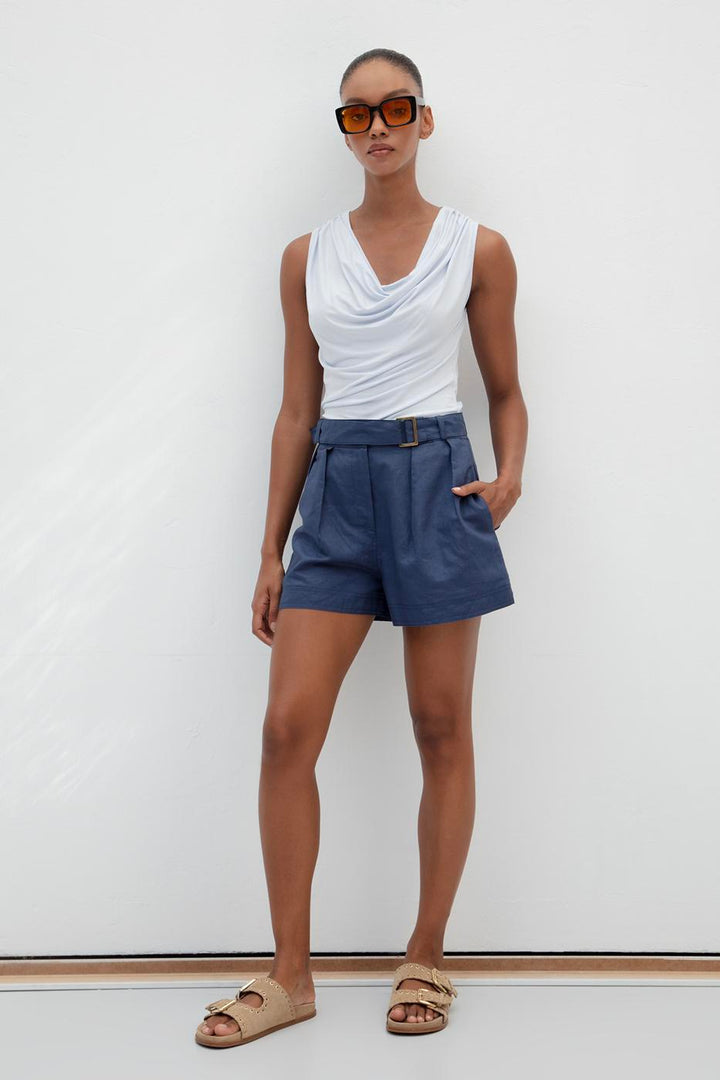 BSL Women Pleated Linen Blend Mini Shorts - West Allis