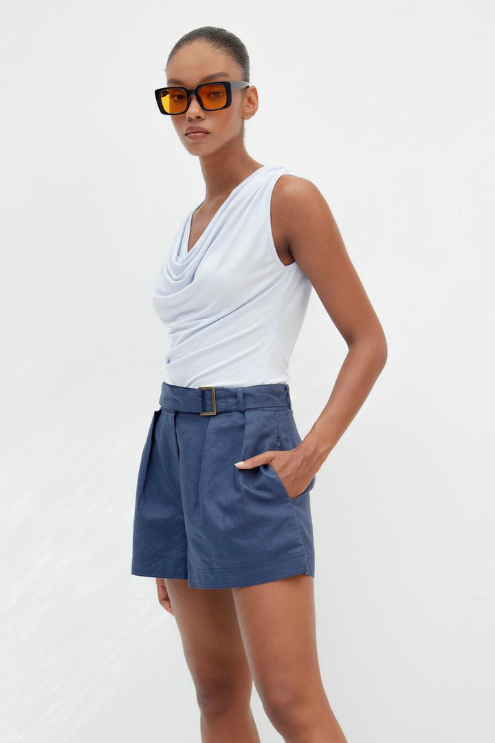 BSL Women Pleated Linen Blend Mini Shorts - West Allis