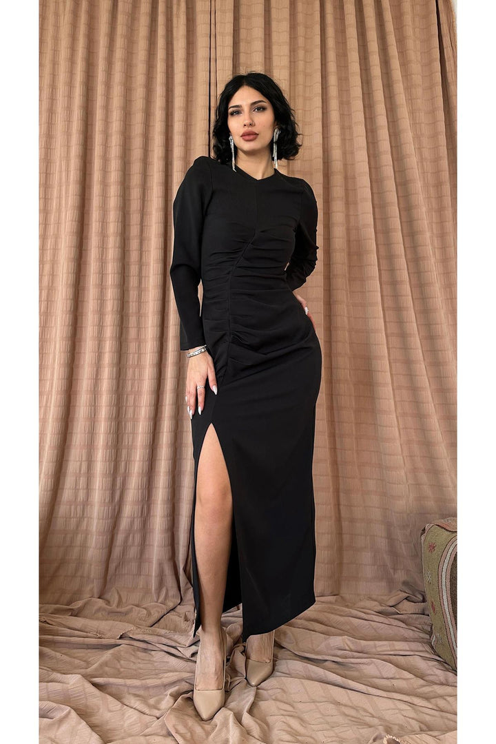 فستان طويل مكشكش بطيات من ELS - أسود - جيلروي