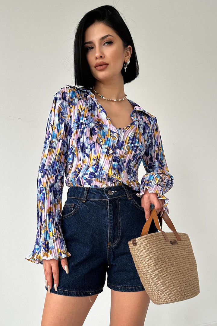 ELS Pleated Flower Pattern Shirt - Purple - Orpington