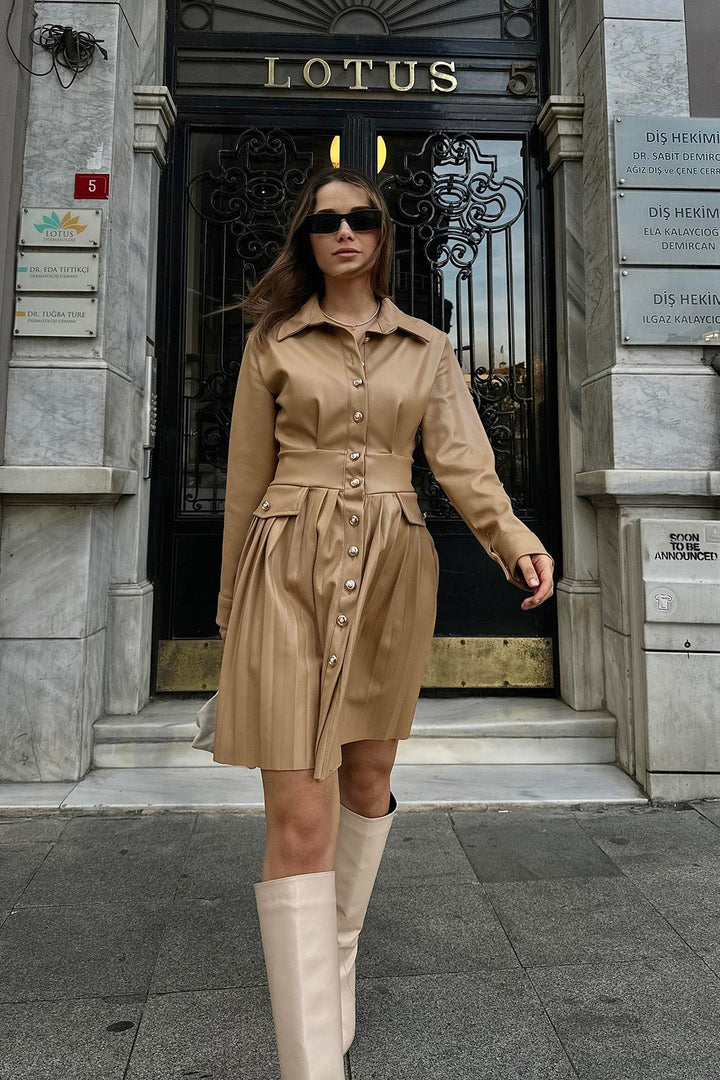 ELS Pleated Leather Dress - Beige - Prizren