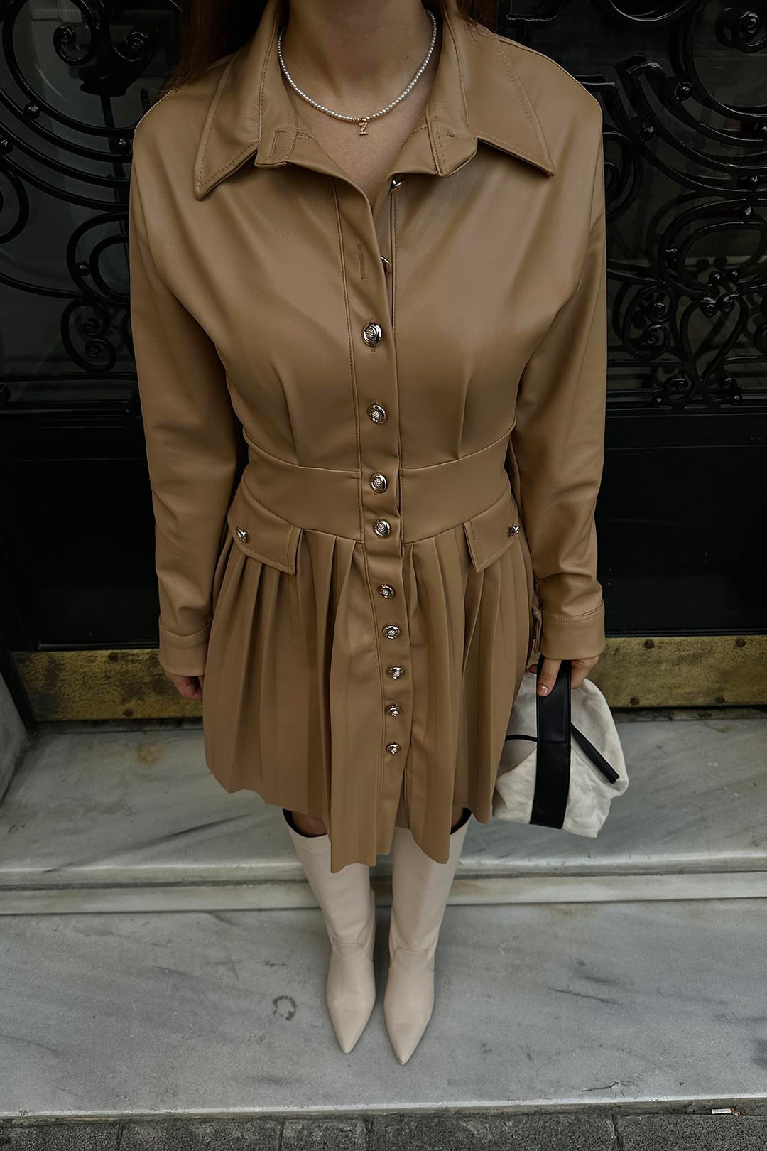 ELS Pleated Leather Dress - Beige - Prizren
