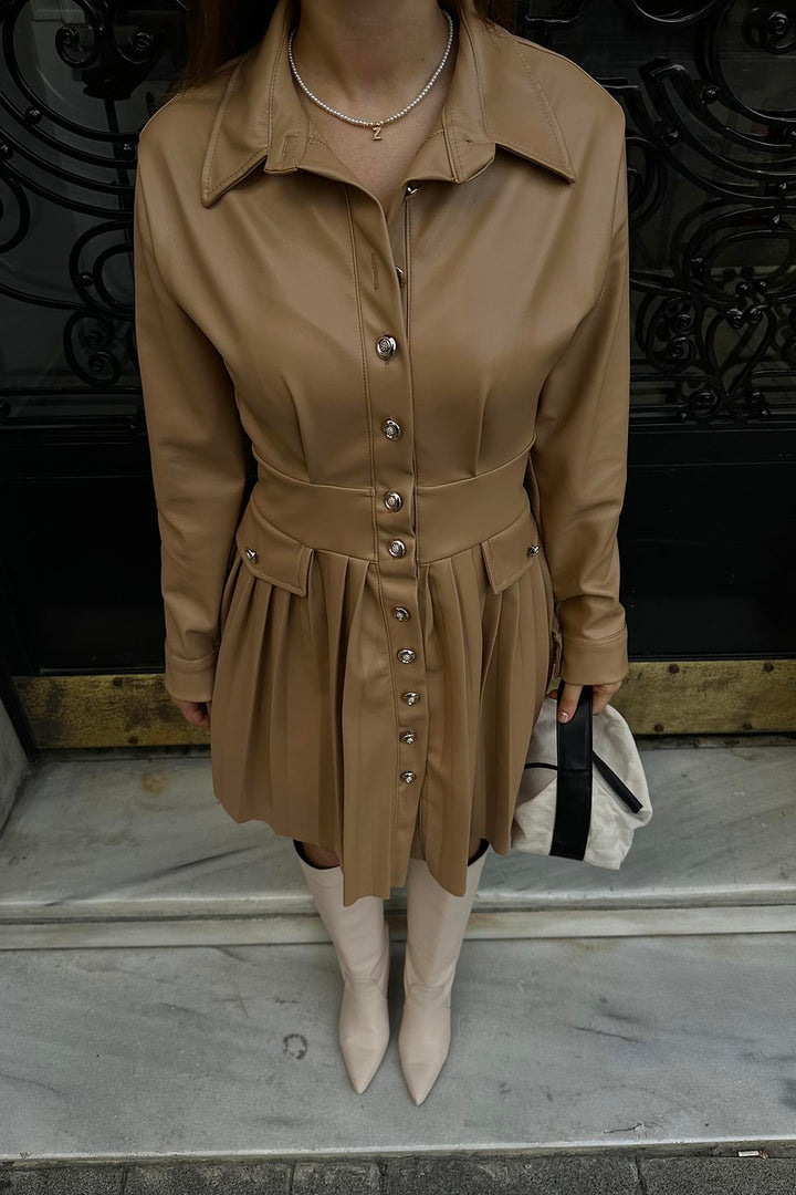 ELS Pleated Leather Dress - Beige - Prizren
