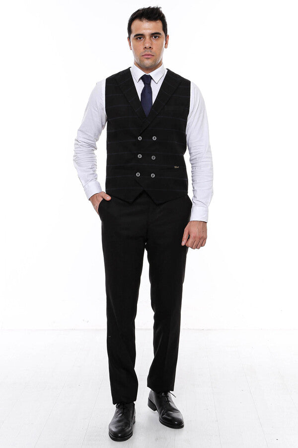 WSS Plaid Double Breasted Collared Black Men Vest  - Singen