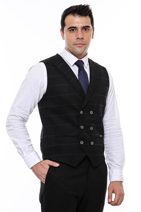 WSS Plaid Double Breasted Collared Black Men Vest  - Singen