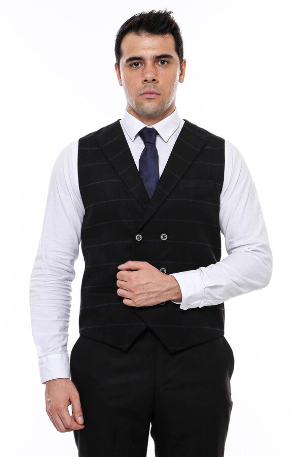WSS Plaid Double Breasted Collared Black Men Vest  - Singen