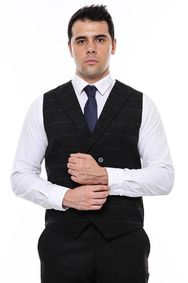WSS Plaid Double Breasted Collared Black Men Vest  - Singen